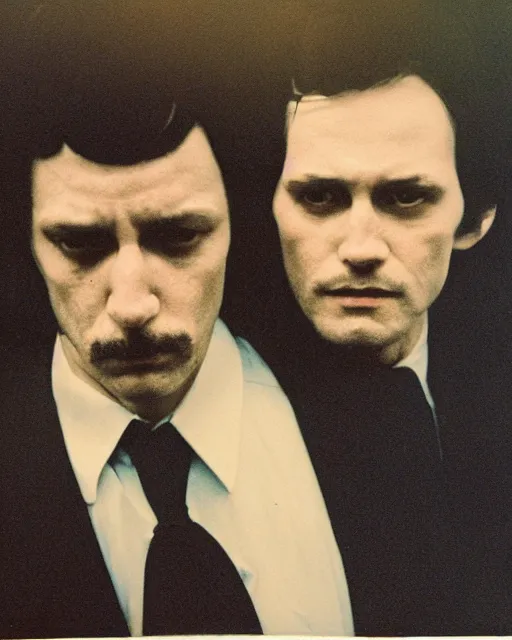 Prompt: an instant photo of two beautiful but sinister men wearing oxford shirts in layers of fear, with haunted eyes and dark hair, 1 9 7 0 s, seventies, wallpaper, a little blood, moonlight showing injuries, delicate embellishments, painterly, offset printing technique, by brom, robert henri, walter popp