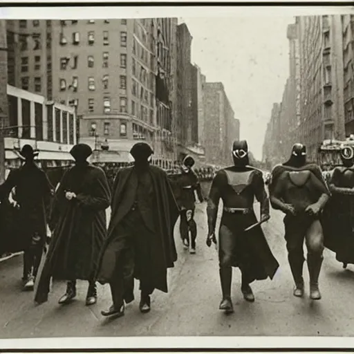 Image similar to old black and white photo, 1 9 1 3, depicting masked superheroes walking through the bustling streets of new york city, historical record
