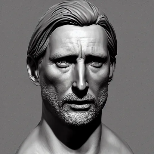 Prompt: grayscale masterpiece zbrush sculpture of a realistic portrait of mads mikkelsen as a pirate, likeness, high quality, clay render, ambient occlusion, anatomy, human face