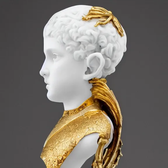 Image similar to a white art nouveau marble and gold head and torso sculpture of a worried young millie bobby brown with long, flowing hair, wearing intricate gold plate armor on her chest, delicate, intricate, smooth, beautiful, by charles van der stappen