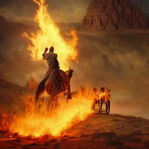 Image similar to Beautiful hyperrealistic detailed matte painting of a 60 year old man in Biblical outfit standing on an ancient chariot made of fire. Firey horses. nightime.