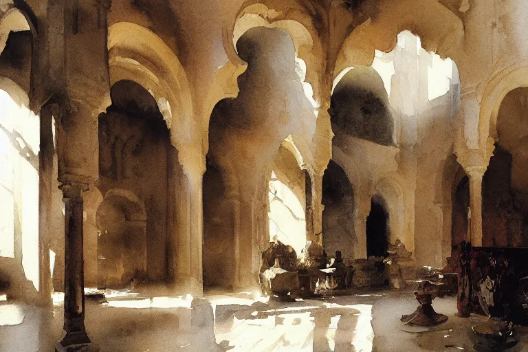 Image similar to abstract watercolor painting of spanish arabian lord house interior, in stone, magical and traditional, cinematic light, national romanticism by anders zorn, by greg rutkowski, by greg manchess