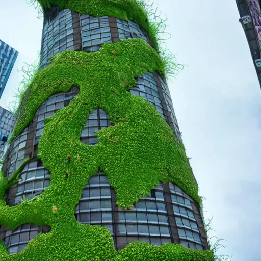 Prompt: a building with gigantic alien plants growing around it