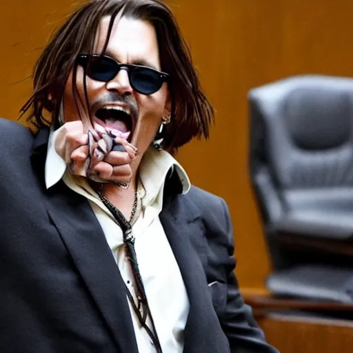 Image similar to johnny depp screaming cheerfully in court as he wins defamation case, 4 k, photorealistic photography