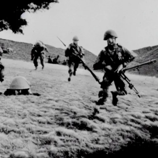 Image similar to vietnam war soldiers in combat with flying saucer, hilly terrain, helicopters, shot on 1 9 7 0 s film