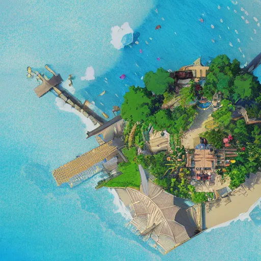 Image similar to a beautiful render of an anime island paradise from above by makoto shinkai, soft details, graphic art