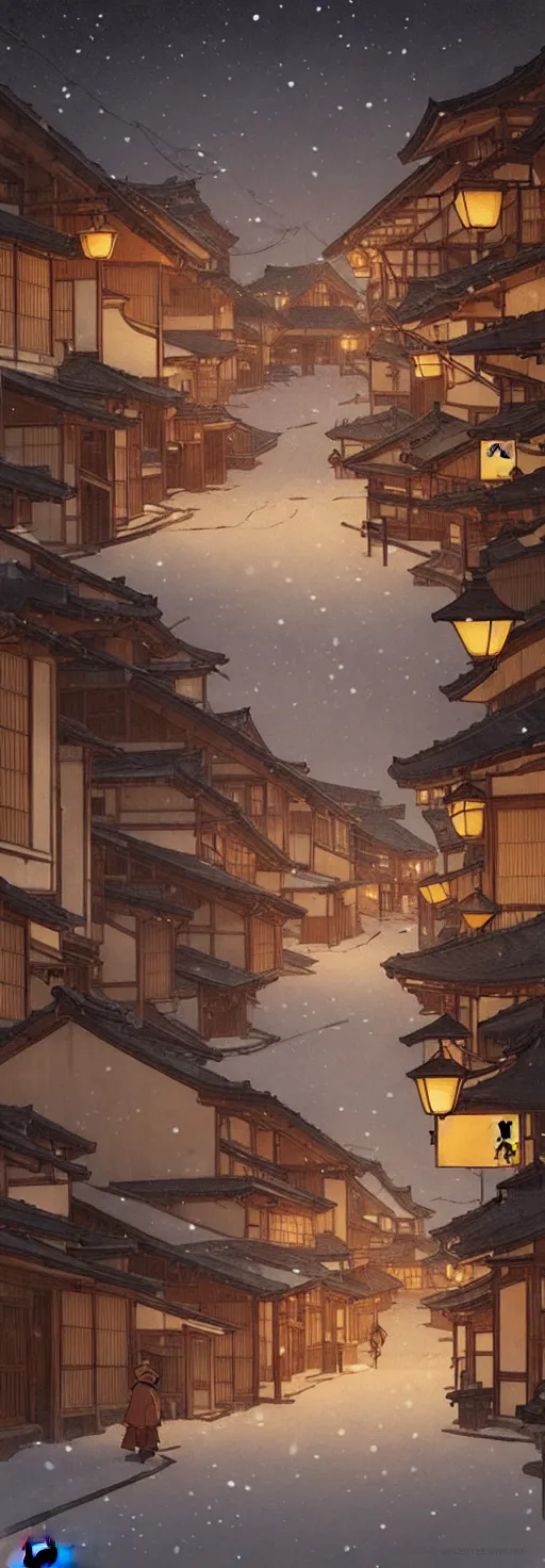 Image similar to empty rural japanese town at night, winter, in the style of studio ghibli, j. c. leyendecker, greg rutkowski, artem