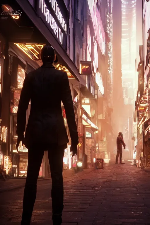 Prompt: in the foreground a Parisian street, in the background a dark-haired man from behind playing with flashes of energy coming out of his hands wearing a long matrix-style jacket, realistic, high definition, many details, dramatic scene, detailed and realistic hands , symmetrical face, realistic eyes, cyberpunk art 2077