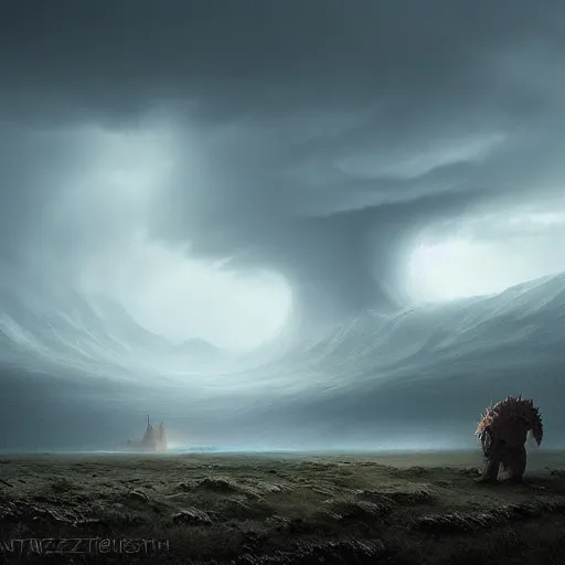 Prompt: giant monster by grzegorz rutkowski, atmospheric haze, stormy, tundra, princess in foreground, large scale