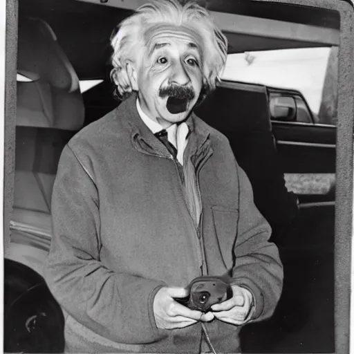 Prompt: trailcam photo of albert einstein buying a used car