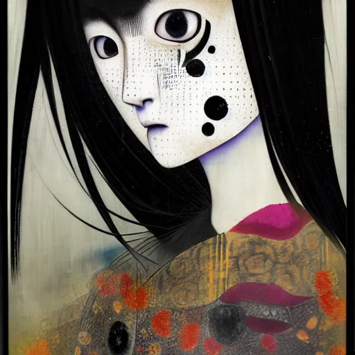 Prompt: yoshitaka amano blurred and dreamy realistic portrait of a young woman with black lipstick and black eyes wearing mask and dress suit with tie, junji ito abstract patterns in the background, face in three quarter view, satoshi kon anime, noisy film grain effect, highly detailed, renaissance oil painting, weird portrait angle, blurred lost edges