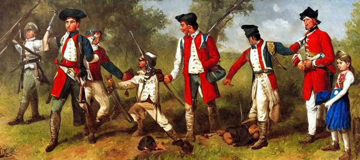 Image similar to american revolutionary painting of a french soldier protecting an indian girl and a british boy.