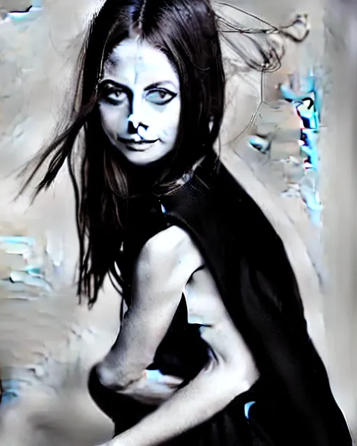 Prompt: style of richard avedon : : gorgeous willa holland : : evil witch, swirling black magic, black dress : : symmetrical face, symmetrical eyes : : full body pose : : gorgeous black hair : : magic lighting, low spacial lighting : :