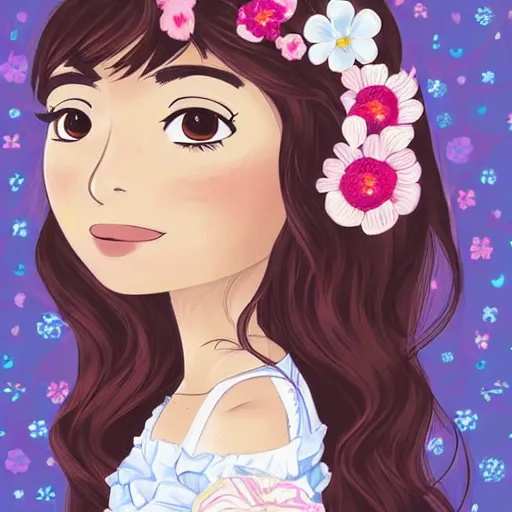 Image similar to hispanic girl with long brown hair, flower dress, face, sticker, emoji, white background, by rossdraws, ghibli