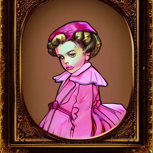 Image similar to beautiful pink little girl, profile picture, vintage fashion, highly detailed, reflection, realistic artwork, hd, inspired by jojo bizarre adventure