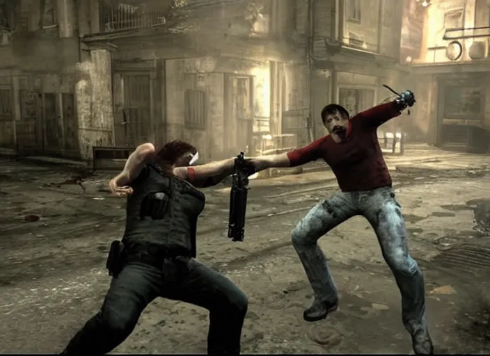 Prompt: video game still of danny devito as leon fighting off a zombie in the video game resident evil 2,