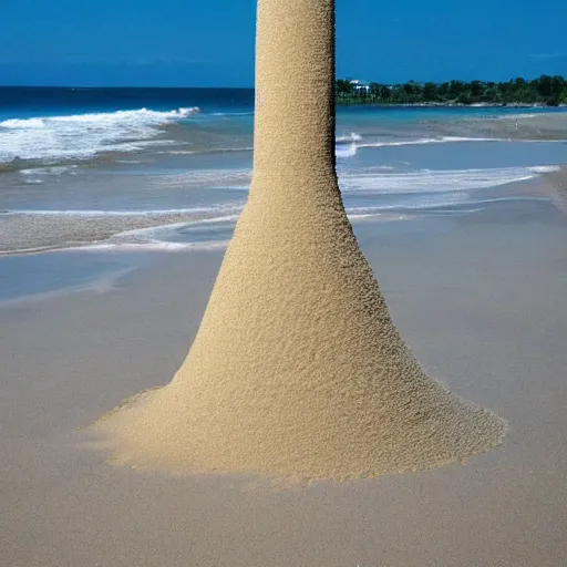 Image similar to a tower of sand on the beach that's taller than the people around it