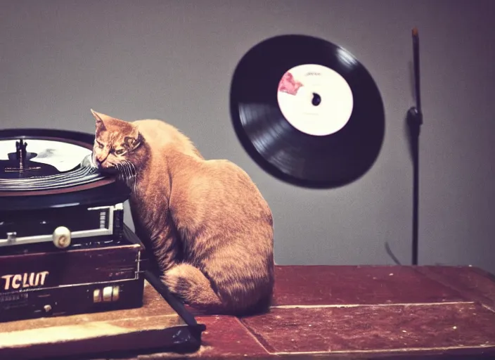 Image similar to photography of a Cat sitting on a record player. in a room full of vinyls and posters out of the 70's, photorealistic, raining award winning photo, 100mm, sharp, high res