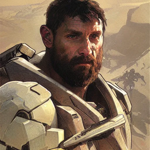 Prompt: portrait of rugged spartan, halo, art by greg rutkowski and alphonse mucha