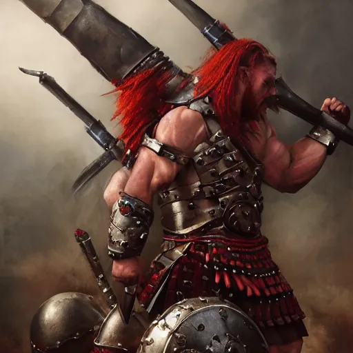 Prompt: bulky muscular scottish warriors with red hair, tribal blood red war paintings, waist plate armor, 4 k oil on linen by wlop, artgerm, andrei riabovitchev, nuri iyem, james gurney, james jean, greg rutkowski, highly detailed, soft lighting 8 k resolution