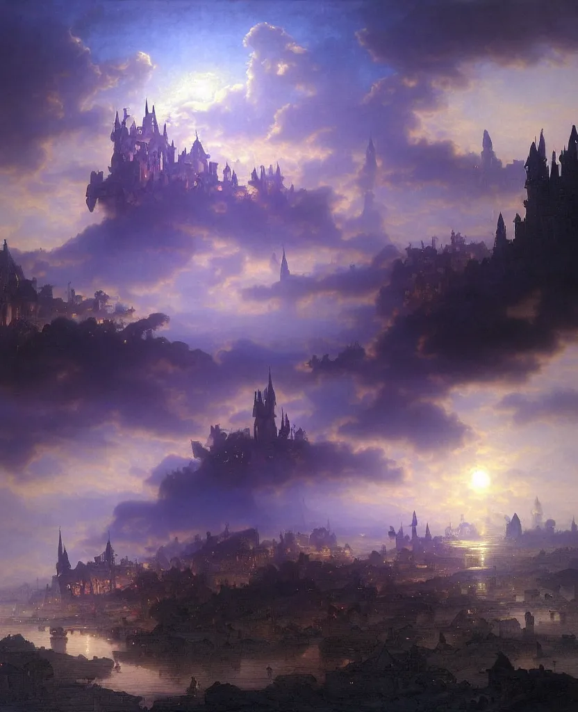 Image similar to beautiful matte airbrush painting of a of a fantasy landscape made of clouds with a european medieval castle made of light in the distance, ispired by gilbert williams, clear painting and good lighting, dark blue and intense purple color palette, mystical fog, art by yoshitaka amano, andreas achenbach, alfons mucha