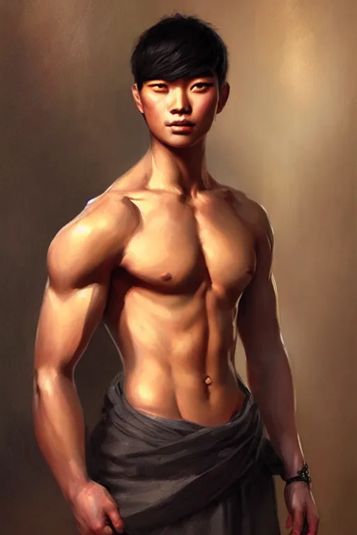 Image similar to young handsome asian male portrait dnd, muscle, painting by gaston bussiere, elena zhurikhina, goro fujita and charlie bowater