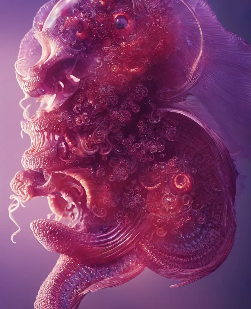 Image similar to goddess close-up face portrait. chimera orchid jellyfish phoenix head, nautilus, skull, betta fish, bioluminiscent creatures, intricate artwork by Tooth Wu and wlop and beeple. octane render, trending on artstation, greg rutkowski very coherent symmetrical artwork. cinematic, hyper realism, high detail, octane render, 8k