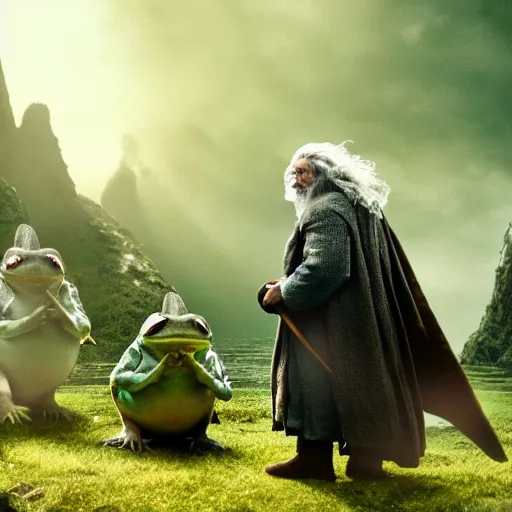 Image similar to gandalf and the hobbits as frogs, cinematic shot, 8 k, film still