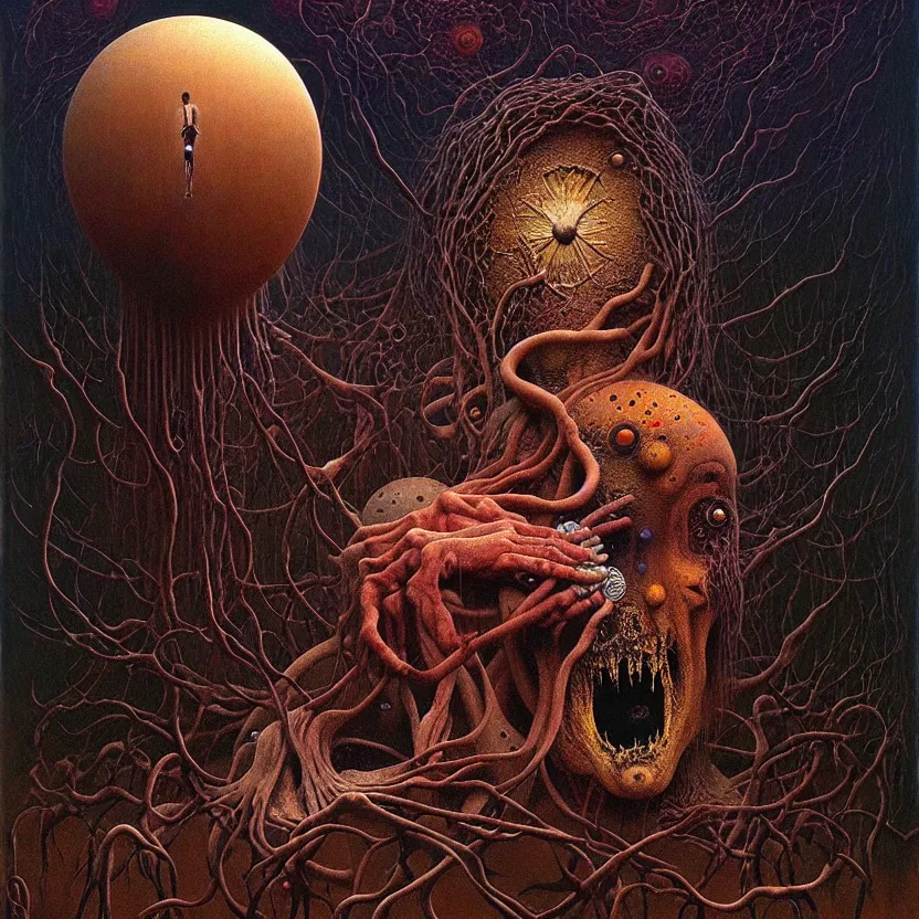 Prompt: a living nightmare, cosmic horror, by zdzisław beksinski and esao andrews and salvador dali, oil on canvas, mixed media, abstract, surreal, horror, dark, intricate textures