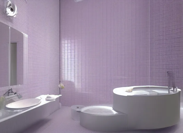 Image similar to placid pastel morning cute tiled bathroom trending on pixiv