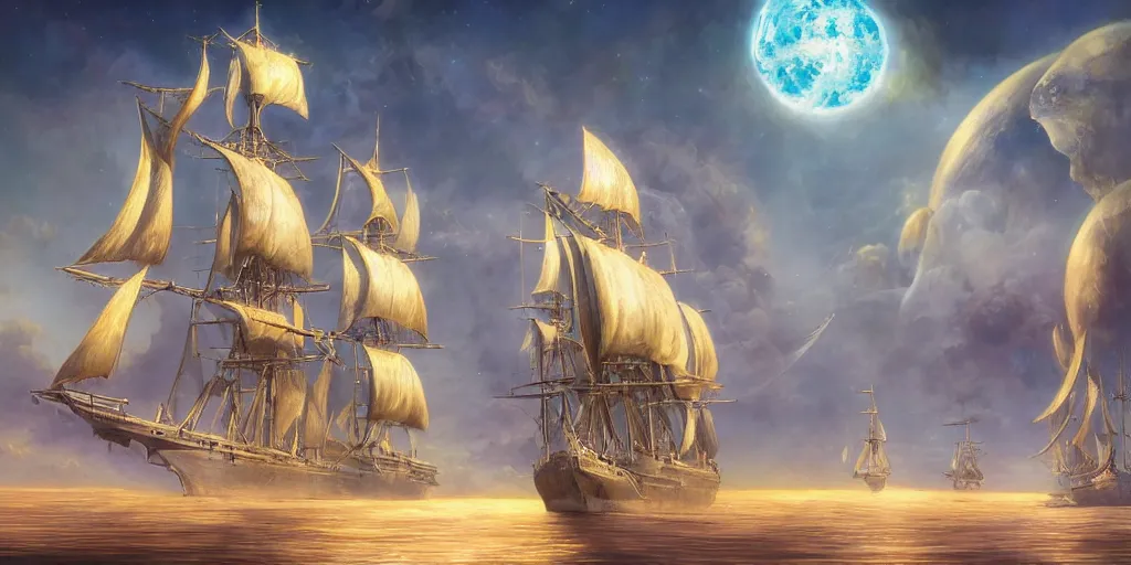 Image similar to Photorealistic epic science fiction painting of one solitary tall ship with three masts floating in space, by Rodney Matthews and Roger Dean. photorealism, UHD, amazing depth, glowing, golden ratio, 3D octane cycle unreal engine 5, volumetric lighting, cinematic lighting, cgstation artstation concept art