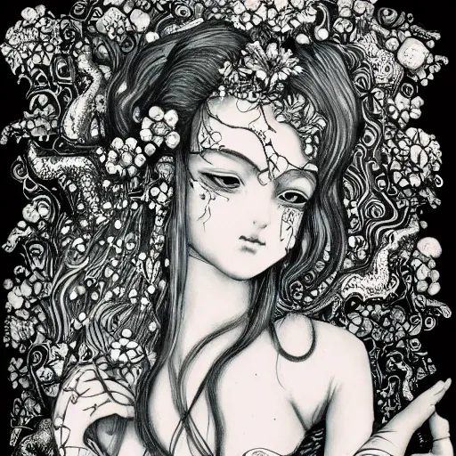 Prompt: prompt: beautiful girl in lake with light up face painted in baroque style, nymph in the water, small flowers around and on the side, 1980 manga, black and white photo, intricate ink drawing, high detail, Neo-expressionism, post-modern gouache marks on the side, gnarly details in the water and brushstrokes