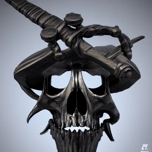 Image similar to a black sword skull handle, ornament, weapon, a 3 d render by dom qwek, studio lighting, raytracing, trending on polycount, futurism, hard surface modeling, rendered in maya, 3 ss max, blender, artstation hd