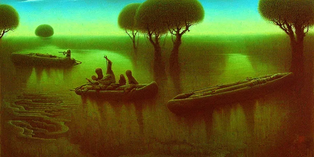 Image similar to A very detailed painting in the style of Beksinski featuring a river in Europe surrounded by trees and fields. A rubber dinghy is slowly moving through the water. Sun is shining