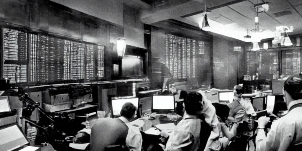 Prompt: film still of a wall street board room, ridley scott, crazy fearful atmosphere, bankers crying, stock market crash symbols on the wall, 1 9 8 0 s science fiction, dark science fiction movie