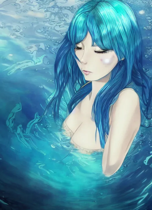 Image similar to a woman with blue hair sitting underwater, a beautiful anime drawing by yuumei, featured on pixiv, pixiv, seapunk, very anime anime!! detailed