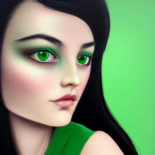 Prompt: gorgeous female Jade Tailor, realistic character concept, black hair, green dress, forest, trees, medium shot, shorter neck, illustration, symmetrical face and body, realistic eyes, artstation, photo realism, cinematic lighting, hyperdetailed, detailed realistic symmetrical eyes, symmetrical nose, symmetrical pupils, symmetrical nostrils, face by artgerm, symmetrical nose, cgsociety, 8k, high resolution, Charlie Bowater, Tom Bagshaw, single face, insanely detailed and intricate, beautiful, vfx, postprocessing