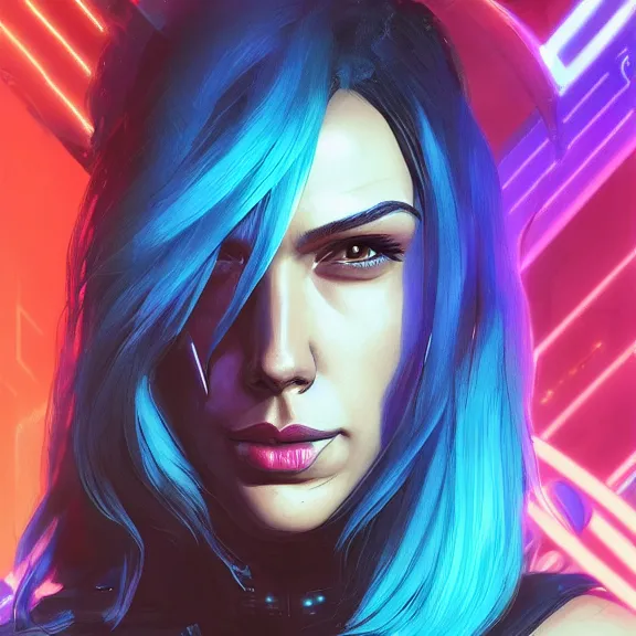 Prompt: “high detail portrait of cyberpunk Gal Gadot with blue hair, digital art, concept art, neon colors, studio lightning, high contrast, sharp focus, hiperrealist, photorealist, Artstation HQ, DeviantArt, cybernetics, techwear, urban samurai, netrunner, Shadowrun, Cyberpunk 2077, Deus Ex, 4k UHD, Unreal Engine 5”
