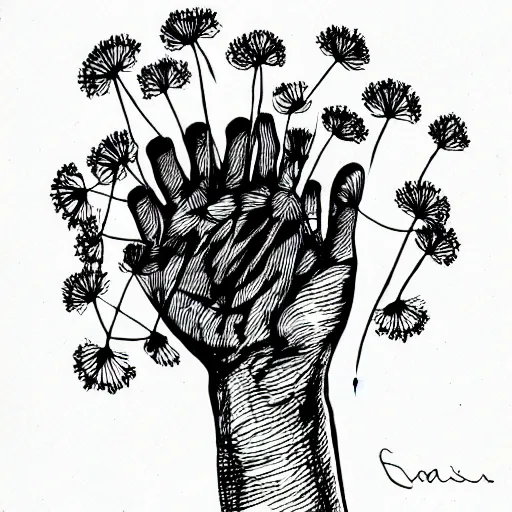 Prompt: a hand with dandelions growing out of it, pen and ink style