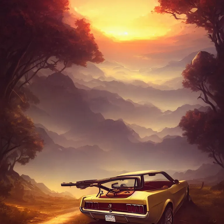 Image similar to view from behind a 1 9 6 8 mustang driving down a country road, coriolios rpg art style, full of details, warm sunset colors, matte painting, artstation, 8 k, hyperrealistic, style of peter mohrbacher, album cover