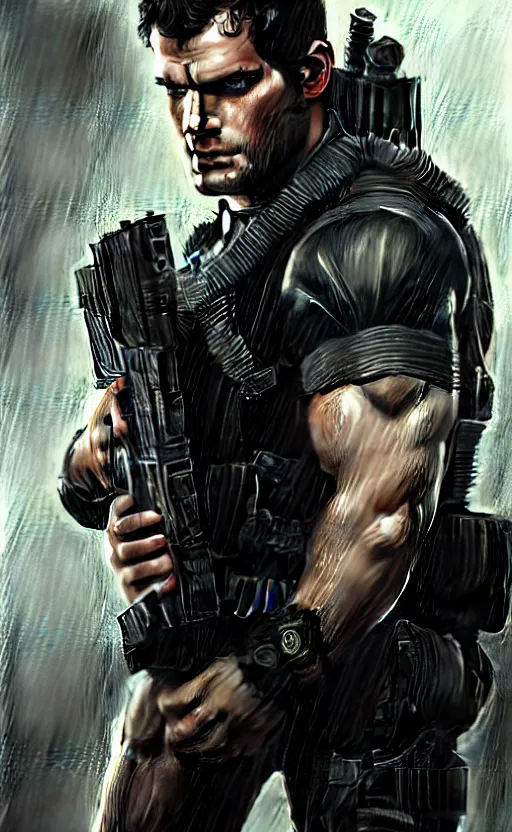 Image similar to portrait of henry cavill as chris redfield, resident evil, pistol, upper body, henry cavill!!!, fantasy, intricate, elegant, highly detailed, digital painting, artstation, concept art, smooth, sharp focus, illustration, art by artgerm and greg rutkowski and alphonse mucha