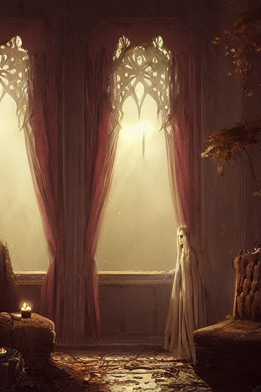 Prompt: a matte painting gothic corner parlor flickering candles velvet curtains by greg rutkowski, tyler edlin