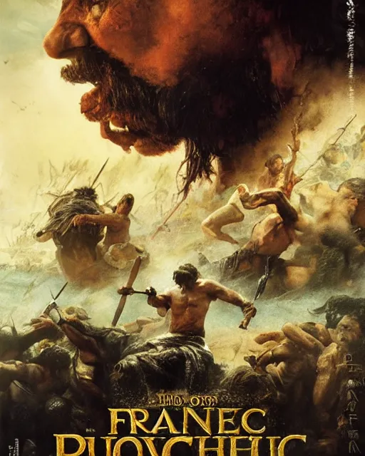 Prompt: Movie poster of the Punic Wars, Highly Detailed, Dramatic, A master piece of storytelling, wide angle, cinematic shot, highly detailed, cinematic lighting, by frank frazetta + ilya repin , 8k, hd, high resolution print