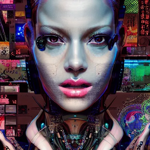 Image similar to the portrait of an absurdly beautiful, graceful, elegant, sophisticated, fashionable cyberpunk gravure idol, an ultrafine hyperdetailed illustration by kim jung gi, irakli nadar, intricate linework, bright colors, collage, porcelain skin, unreal engine 5 highly rendered, global illumination, radiant light, detailed and intricate environment