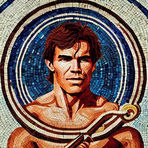 Prompt: ancient greek mosaic of young arnold schwarzenegger holding a big zelda sword