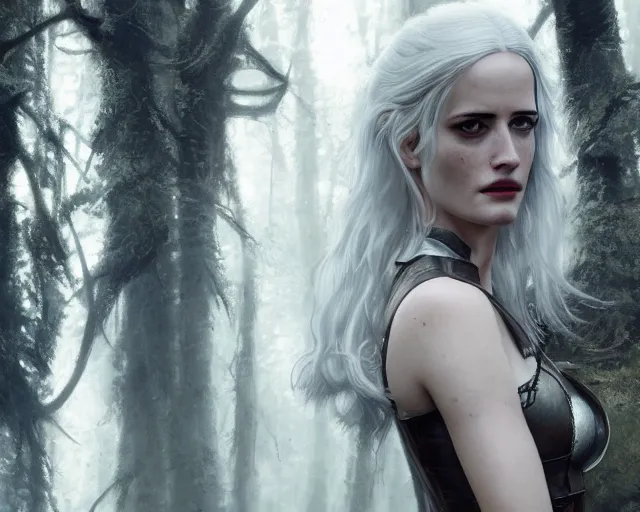 Image similar to 5 5 mm portrait photo of a real life tough looking eva green as ciri in leather armor with silver hair and a large scar along her left cheek, in a magical forest. dark atmosphere. art by greg rutkowski. highly detailed 8 k. intricate. lifelike. soft light. nikon d 8 5 0.