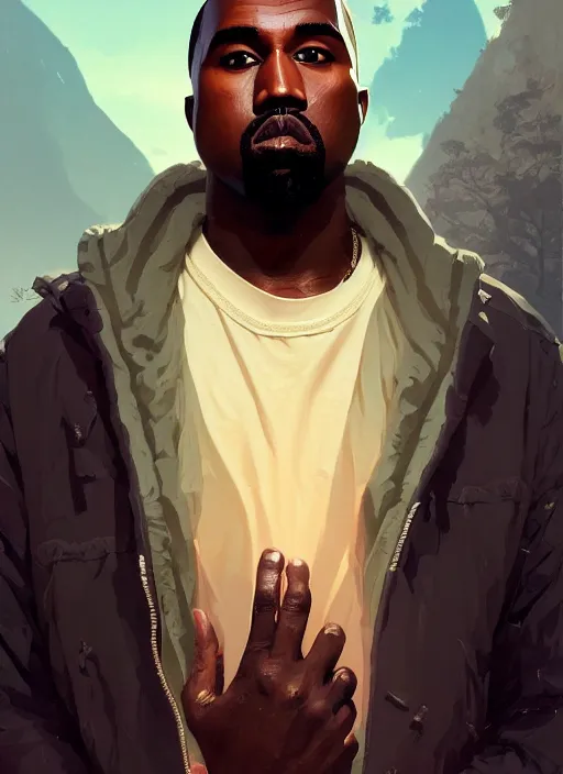 Image similar to highly detailed portrait kanye west detailed hands in gta v stephen bliss unreal engine fantasy art by greg rutkowski loish rhads ferdinand knab makoto shinkai lois van baarle ilya kuvshinov rossdraws tom bagshaw global illumination radiant light detailed intricate environment