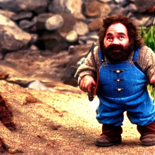 Prompt: a pudgy dwarf wearing blue overalls with full beard and a pocketful of gems holding a pickax, high resolution film still, HDR color, movie by Wolfgang Petersen and Peter Jackson