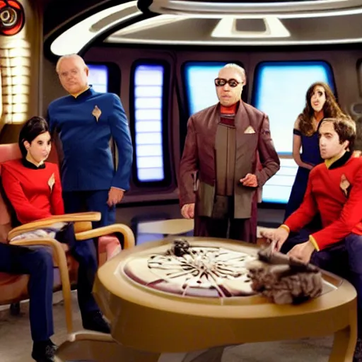 Prompt: Johnny Galecky,Bob Parsons, Kaley couco, Kunal Nayyar, Mayim Bialik,Simon Helberg,Melissa Rauch on star trek