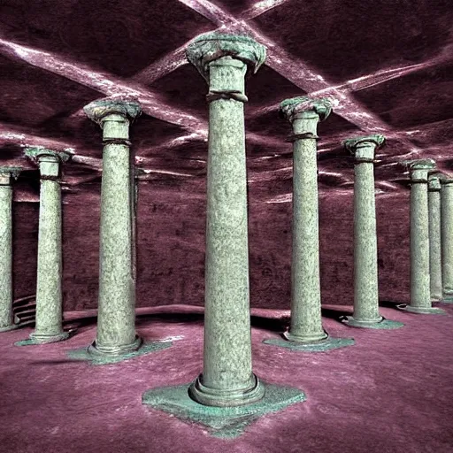 Image similar to ancient throne room, mysterious writings on the wall, big pillars, digital art